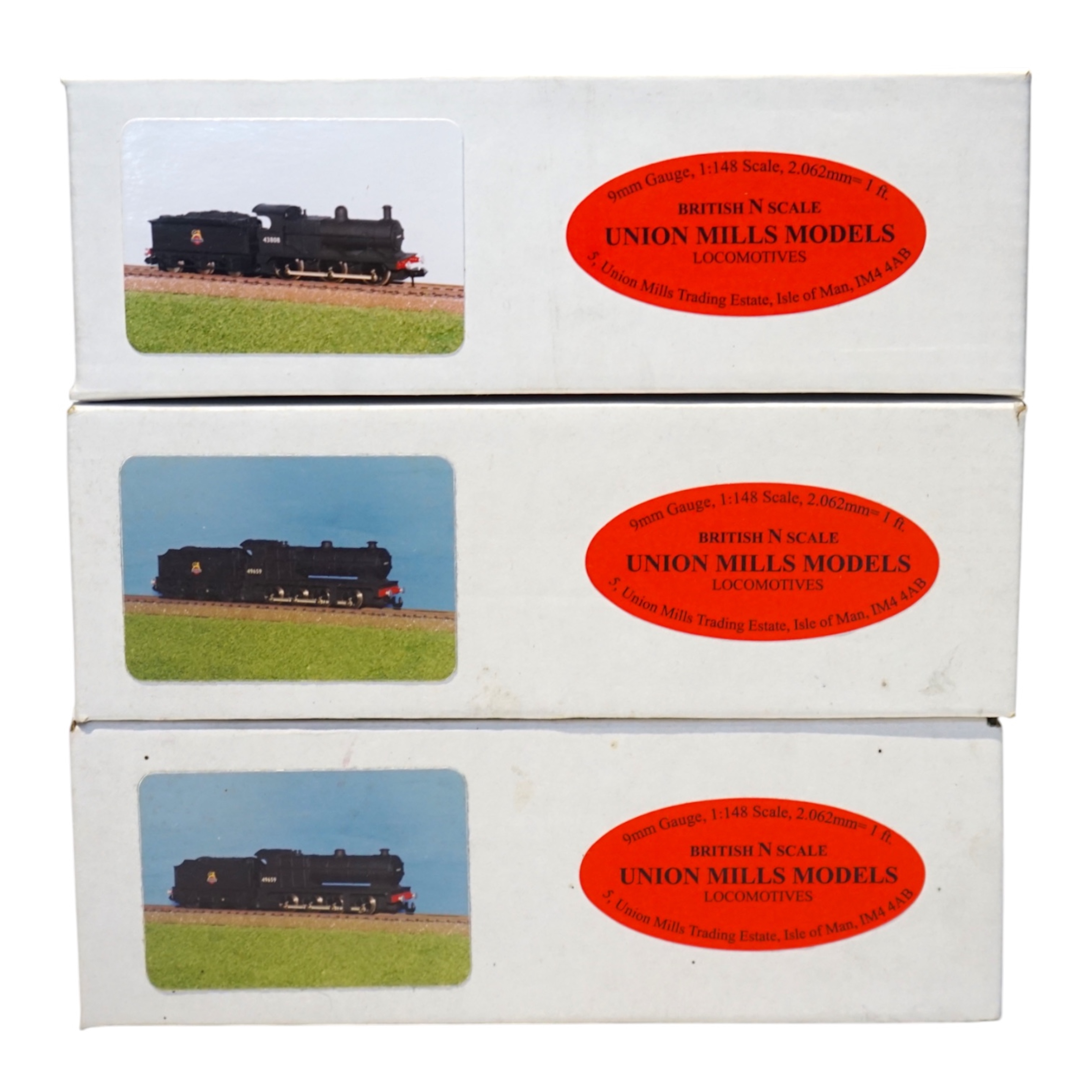 Three boxed Union Mills Models N gauge railway BR locomotives; a Class 7F, 49659, a Class 7F, 49508, and a Class 3F, 43214. Condition - good.